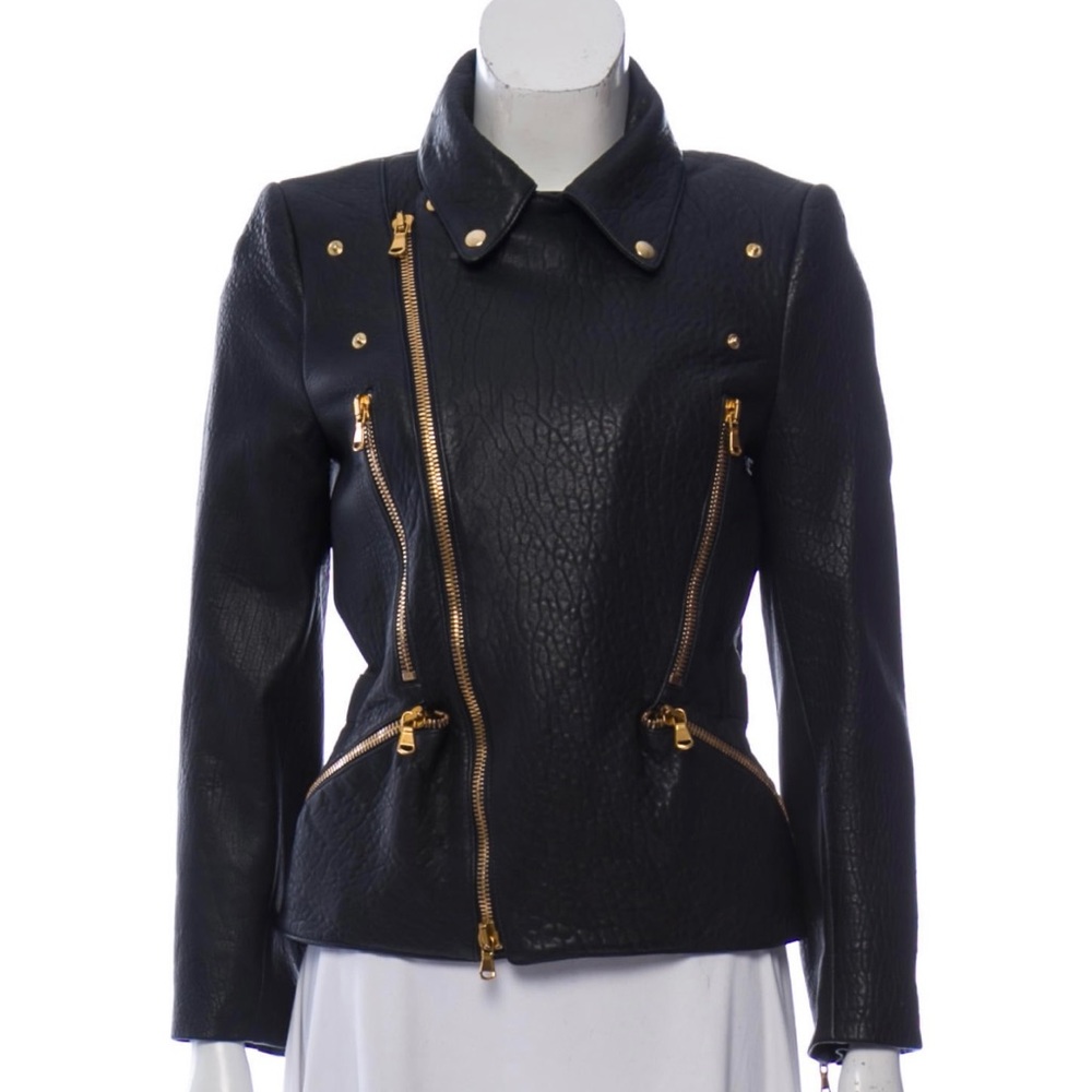 Alexander McQueen pebbled black leather moto jacket, gold zip with Silk lining